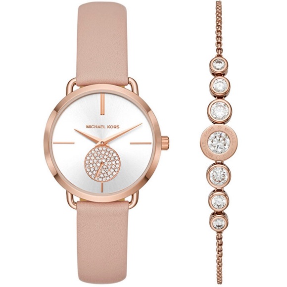 Michael Kors MK3863 Portia Women`s Watch Gift Set + Bracelet Rose Leather Strap - Picture 2 of 6